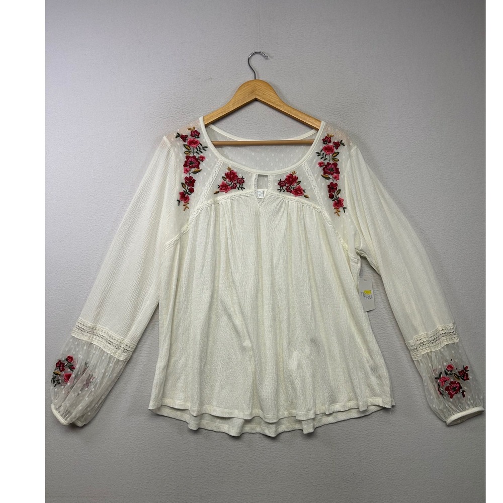 Boho Cottagecore Time and Tru Womens XL Winter White Embroidered Peasant Top